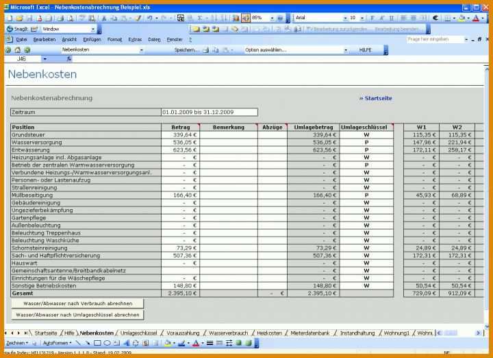 Excel Formular Vorlagen Download Nebenkostenabrechnung Excel