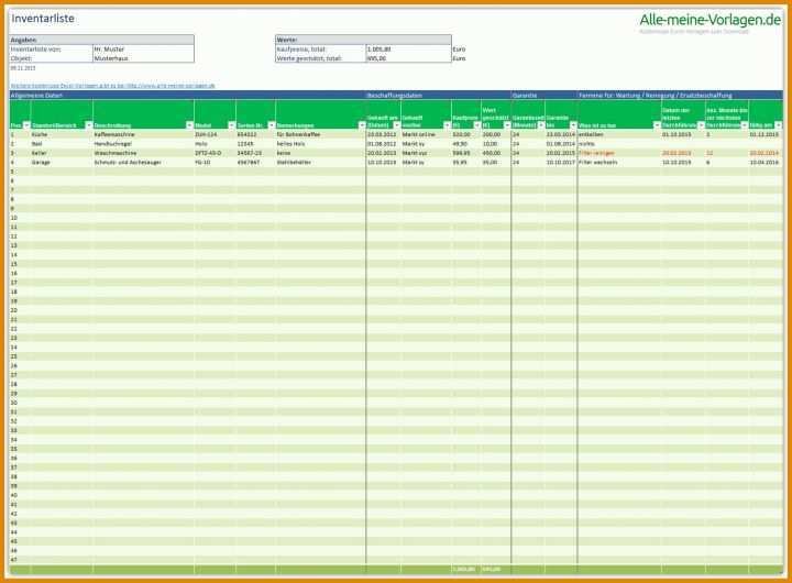 Original Inventarliste Excel Vorlage 1714x1262