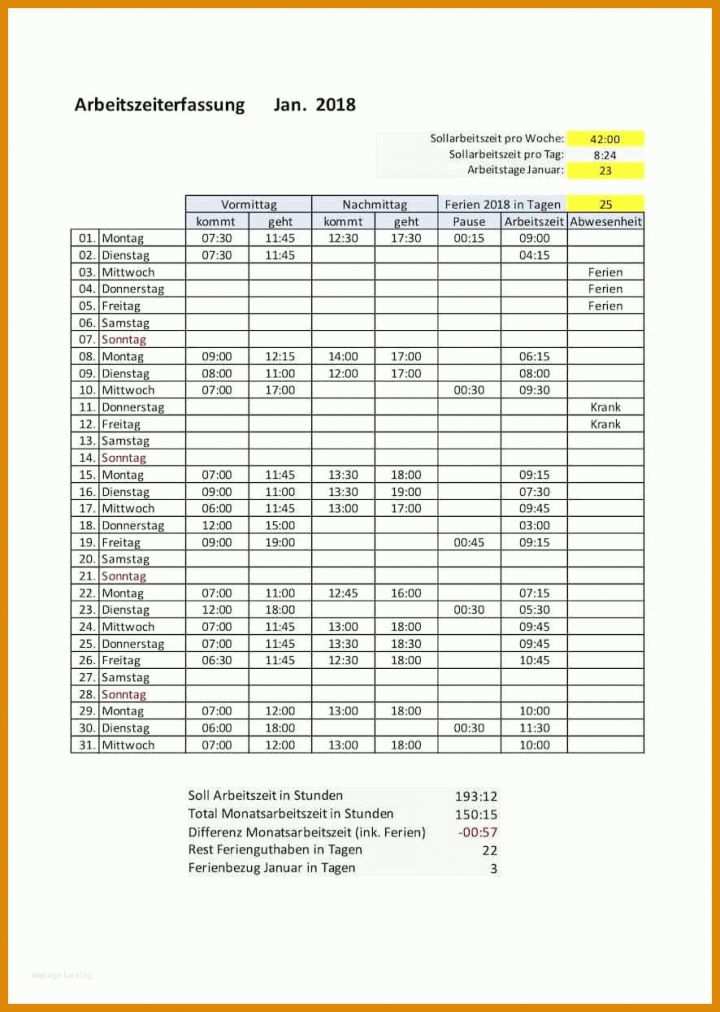 Hervorragend Stundenzettel Excel Vorlage Kostenlos 886x1245
