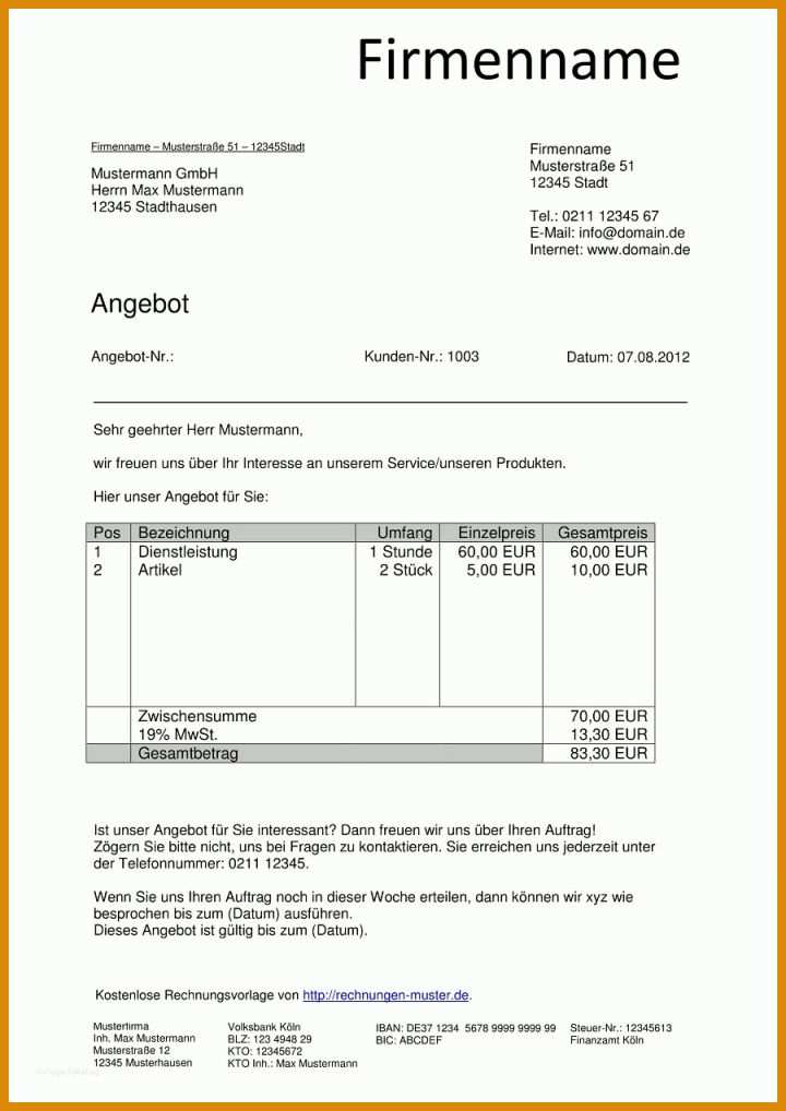 Angebot Kleinunternehmer Vorlage Angebot Vorlagen