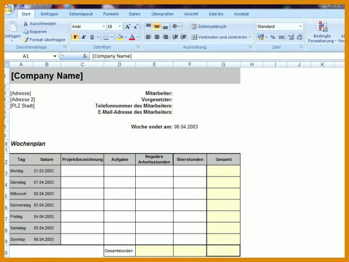 Arbeitsstunden Vorlage Wochenplan Mit Arbeitsstunden