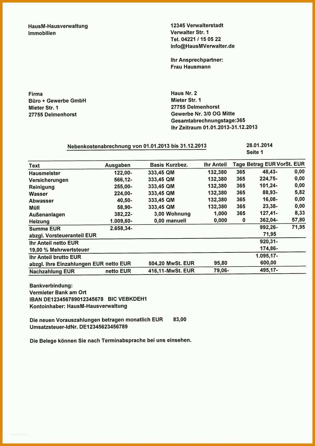 Schockieren Betriebskostenabrechnung Vorlage Gratis 1240x1754