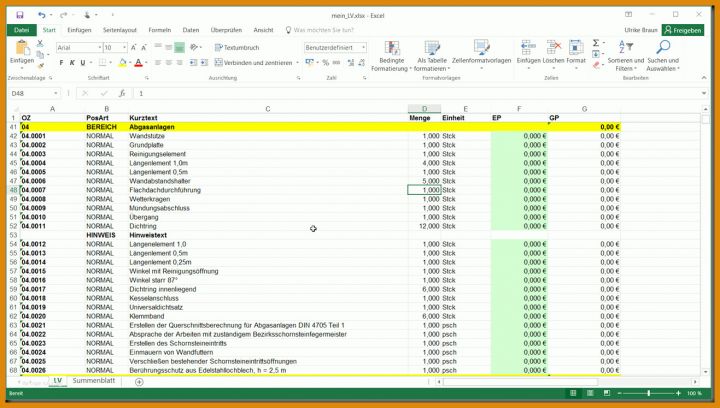 Leistungsverzeichnis Vorlage GAEB EXCEL