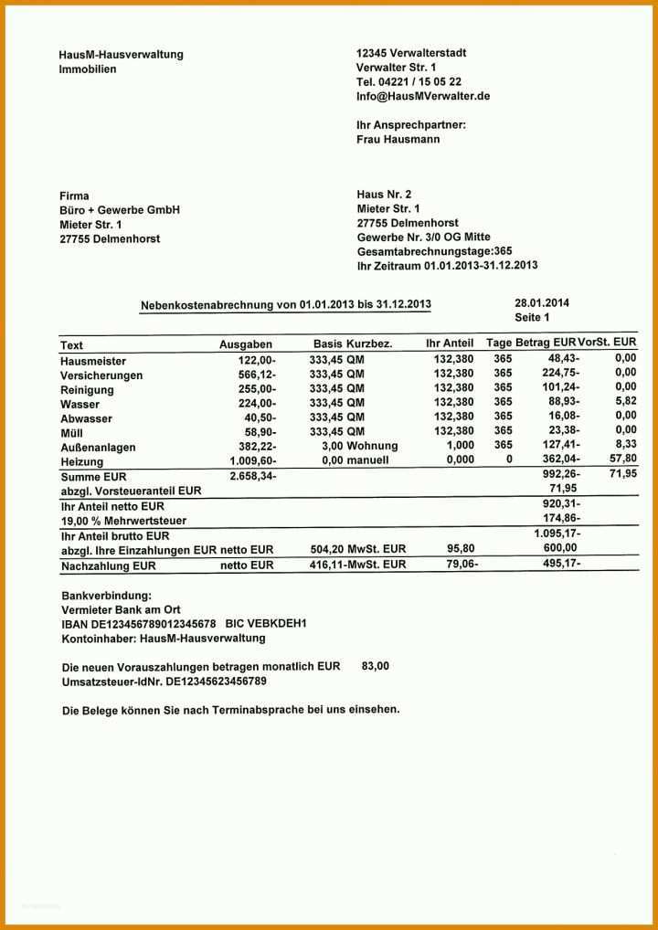 Einzigartig Nebenkostenabrechnung Vorlage Vermieter 1240x1754