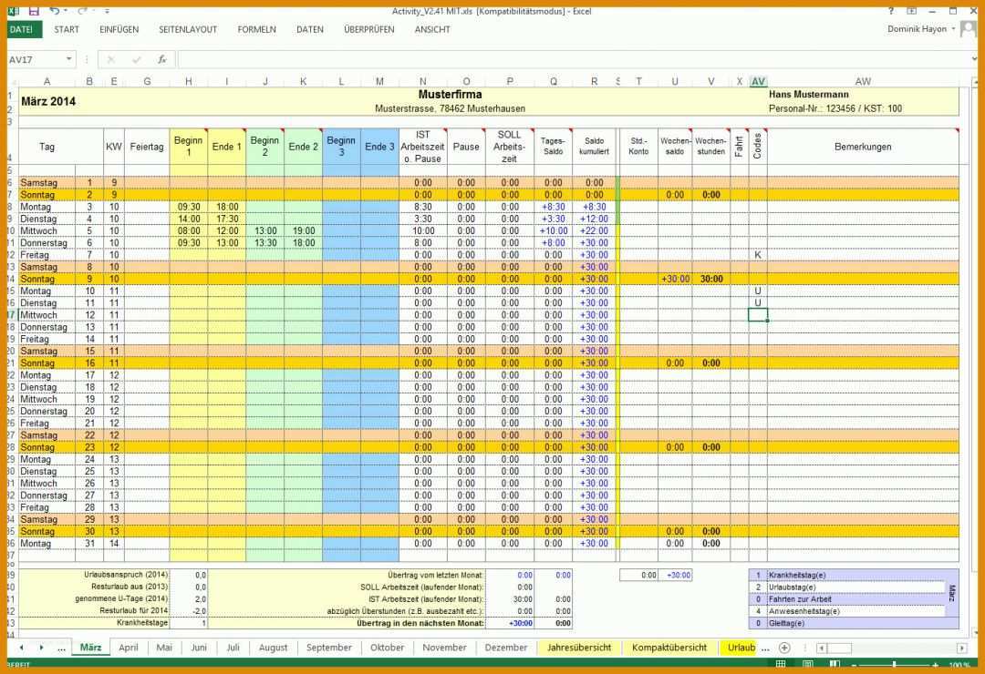 Exklusiv Zeiterfassung Excel Vorlage 1391x953