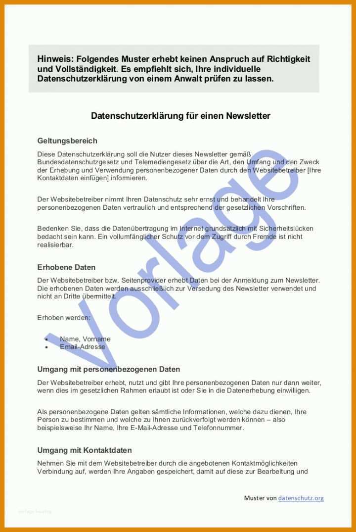 Vorlage Datenschutzerklärung Newsletter