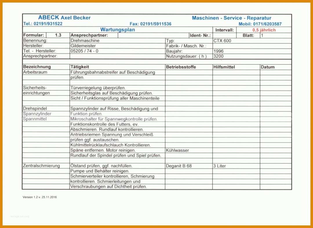 Bestbewertet Vorlage Wartungsplan 1216x886
