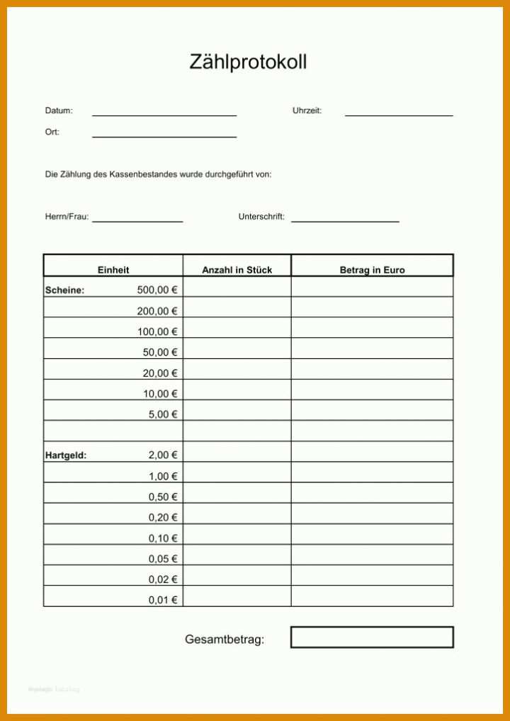 Beste Zählprotokoll Kasse Vorlage Excel 724x1024