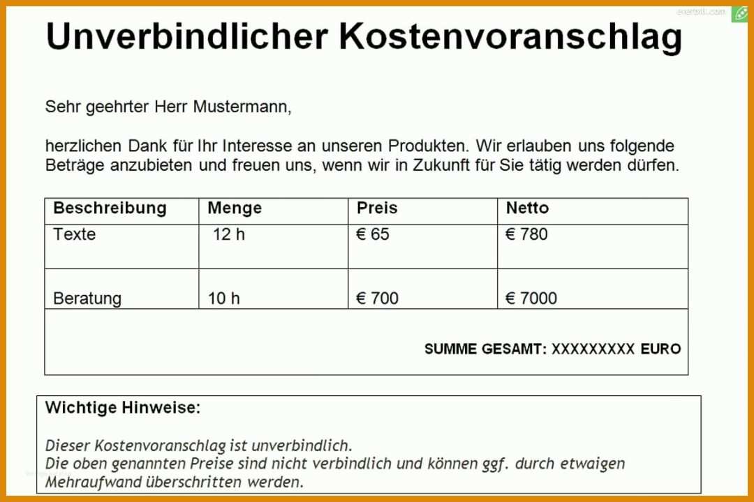 Staffelung Kostenvoranschlag Schreiben Vorlage 1200x800