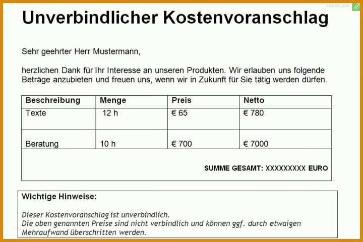 Ausnahmsweise Kostenvoranschlag Schreiben Vorlage 1200x800