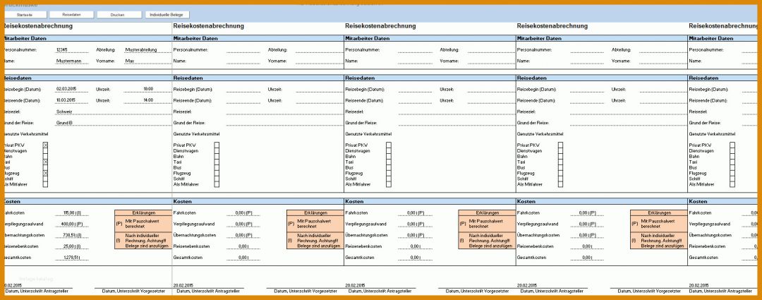 Auffällig Reisekostenabrechnung Vorlage Excel 1636x644