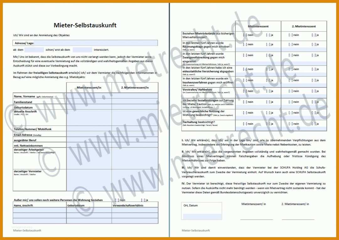 Großartig Selbstauskunft Mieter Vorlage 1194x843