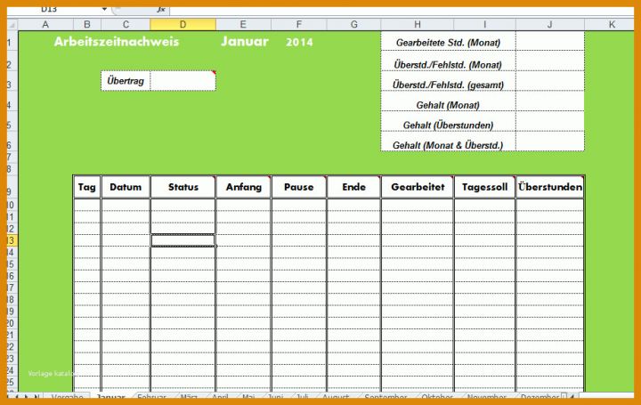 Arbeitszeitnachweis Excel Vorlage Kostenlos 2