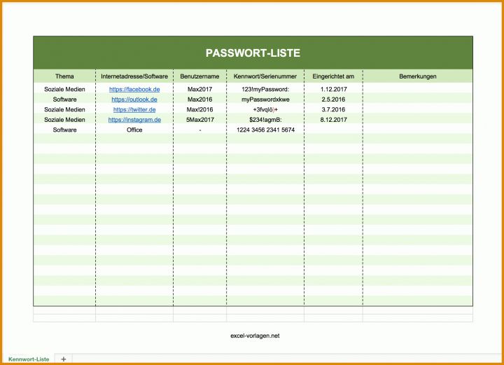 Passwortliste Vorlage Pdf Passwortliste Excel
