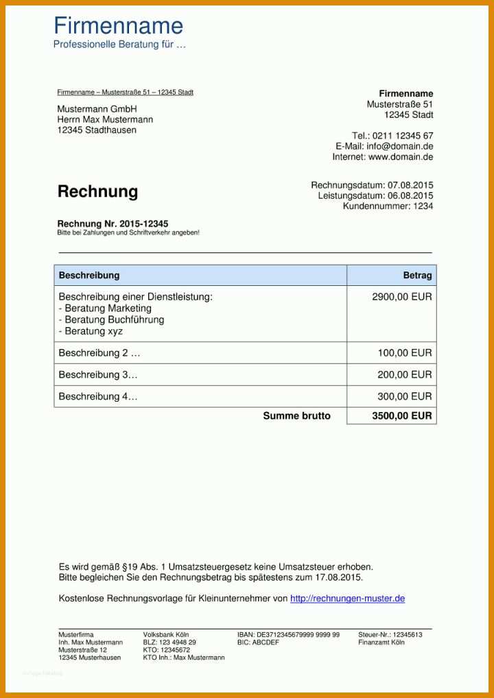 Allerbeste Vorlagen Für Rechnungen Kleinunternehmer 900x1272