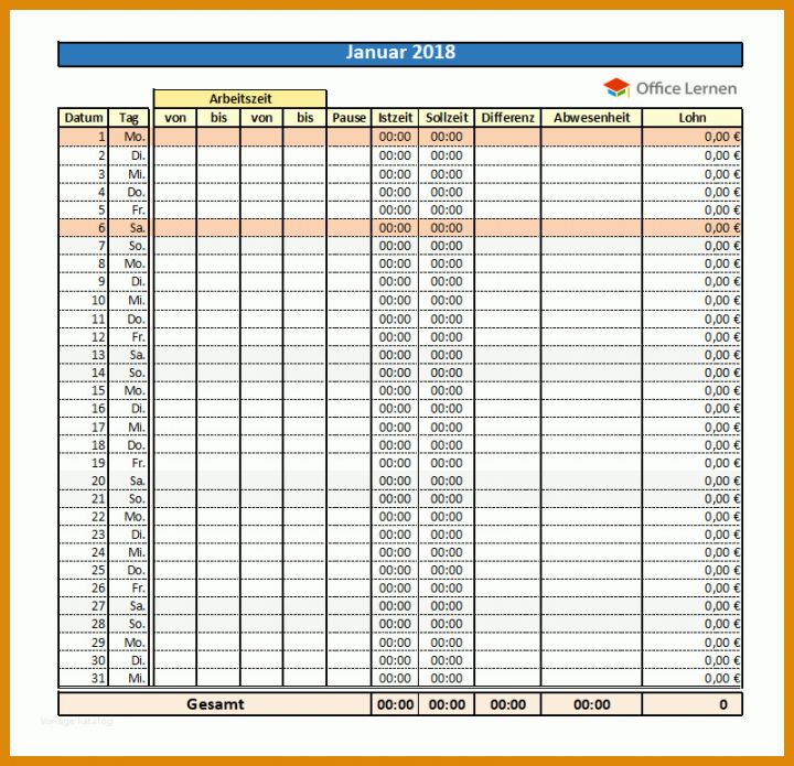 Hervorragen Arbeitszeitnachweis Excel Vorlage Kostenlos 800x772