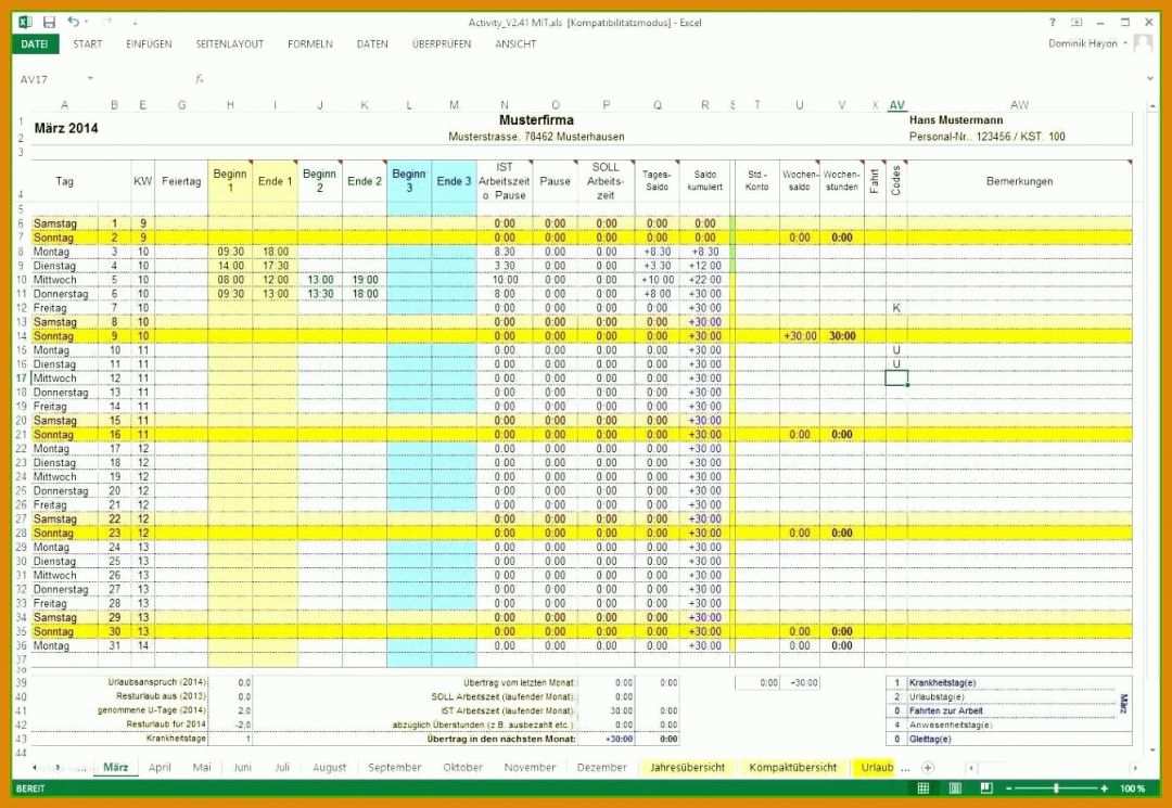 Großartig Zeiterfassung Excel Vorlage 1343x927