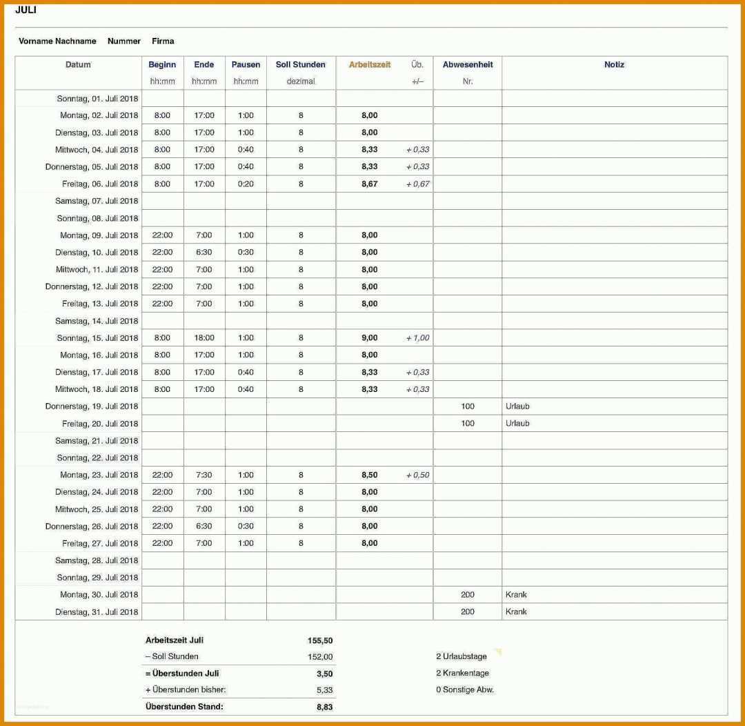 Original Datev Vorlage Zur Dokumentation Der Täglichen Arbeitszeit 2019 1750x1704