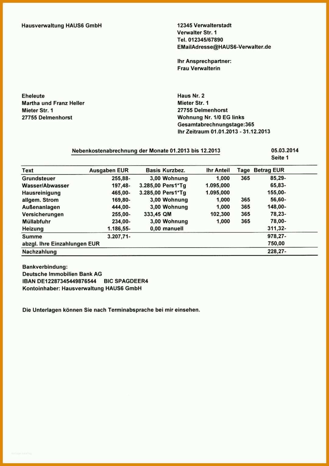 Beeindruckend Nebenkostenabrechnung Für Mieter Vorlage 1178x1666