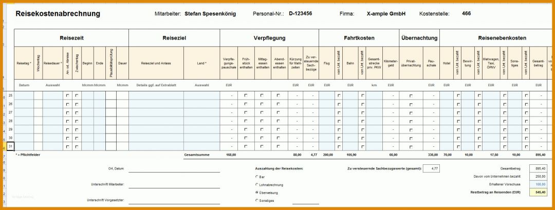 Allerbeste Vorlage Reisekostenabrechnung Excel 1894x718