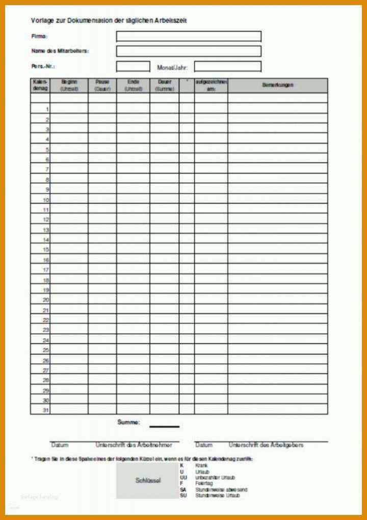 Größte Vorlage Zur Dokumentation Der Täglichen Arbeitszeit Datev 2018 722x1024