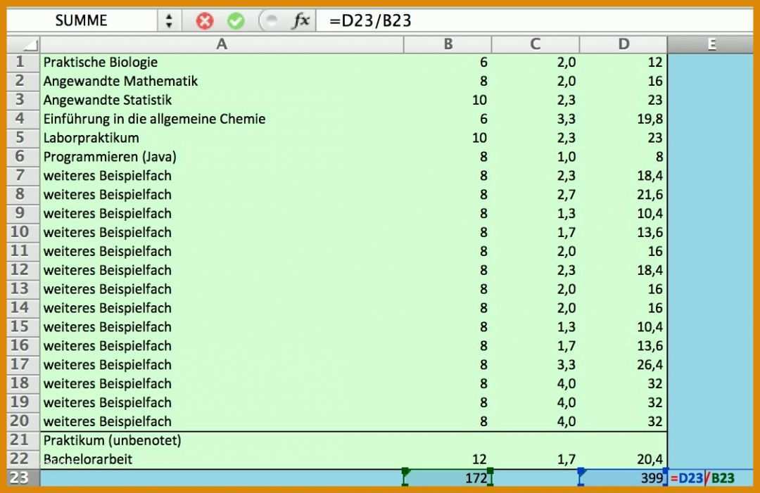 Perfekt Bachelornote Berechnen Excel Vorlage 1124x730