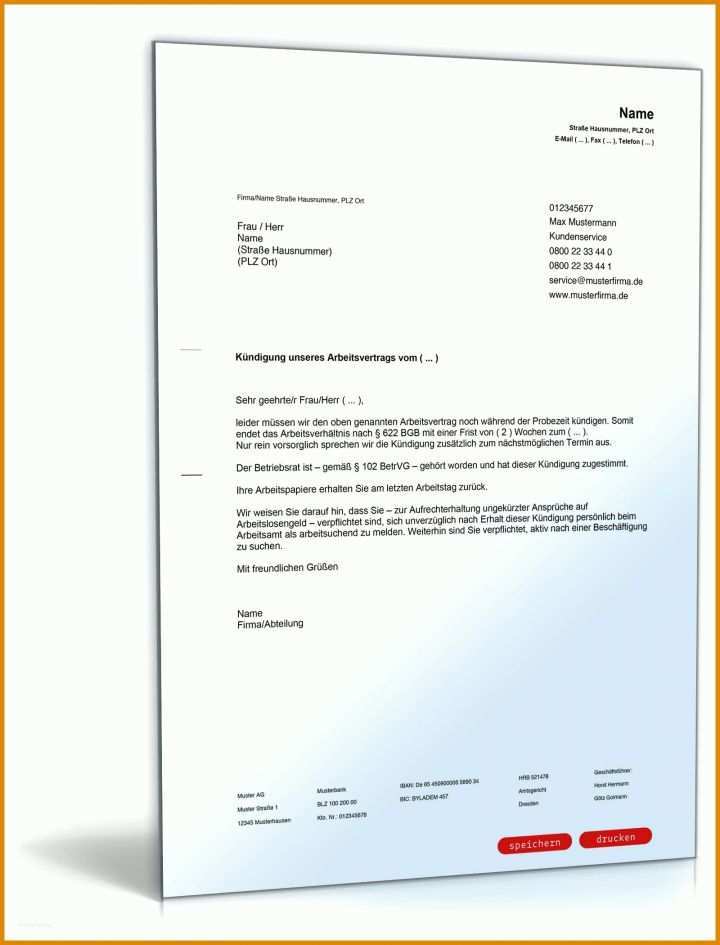 Kündigung In Der Probezeit Vorlage Kuendigung Arbeitgeber Probezeit