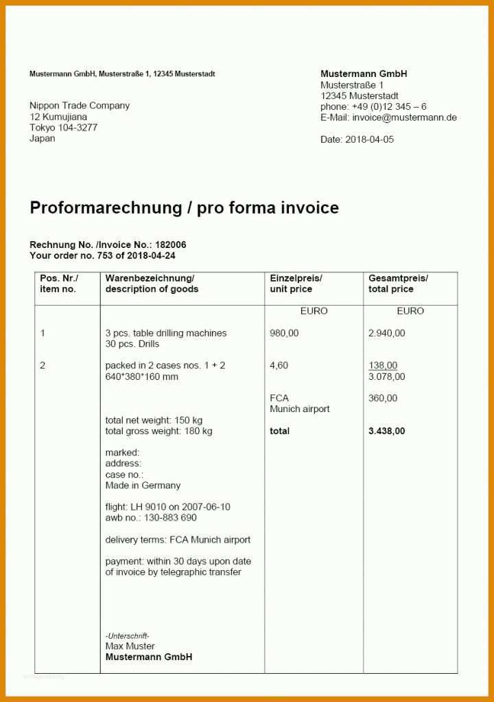 Proforma Rechnung Vorlage Pro Forma Rechnung