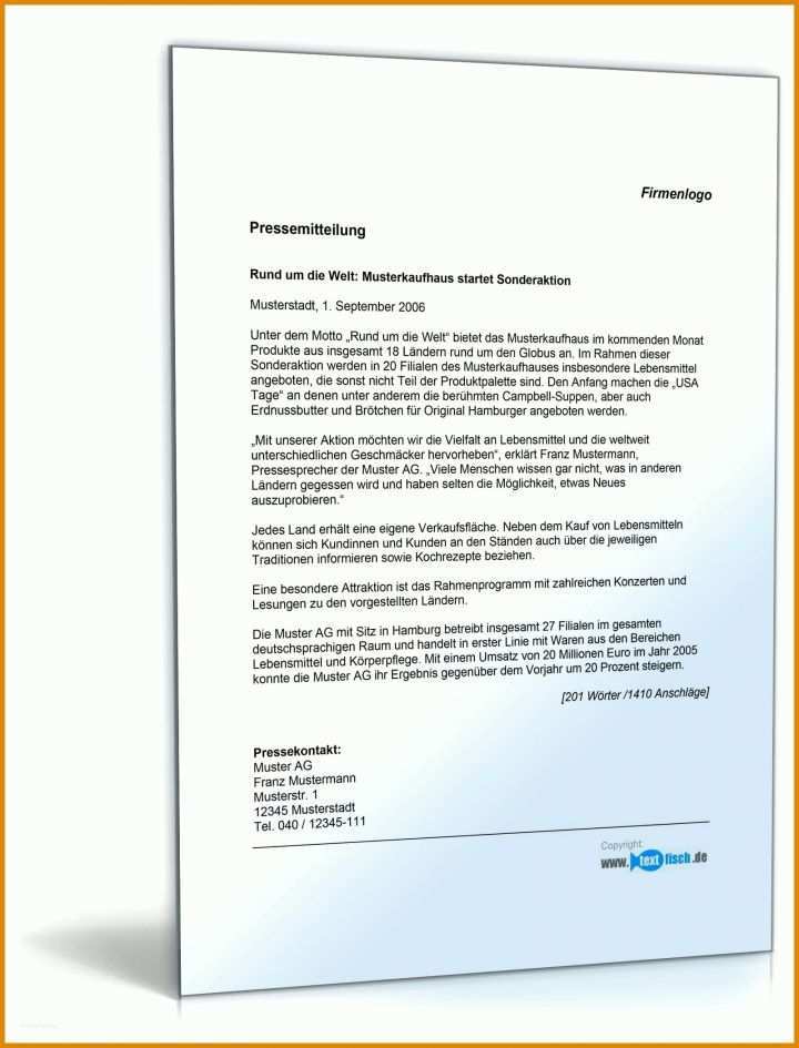 Hervorragen Vorlage Pressemitteilung Word 1600x2100