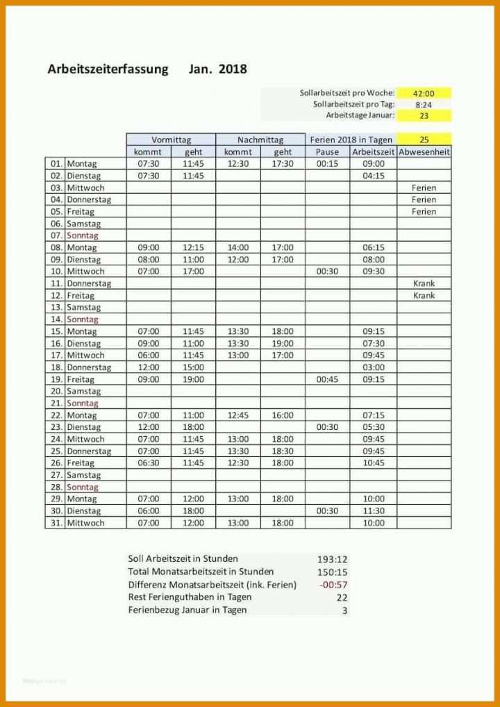 Original Arbeitszeitnachweis Vorlage Pdf 868x1227