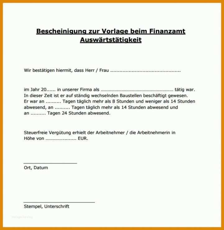 Auffällig Bescheinigung Zur Vorlage Beim Finanzamt Auswärtstätigkeit 2017 779x801