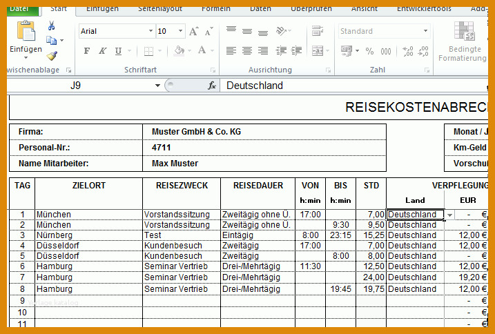 Außergewöhnlich Dienstreiseabrechnung Vorlage 717x484