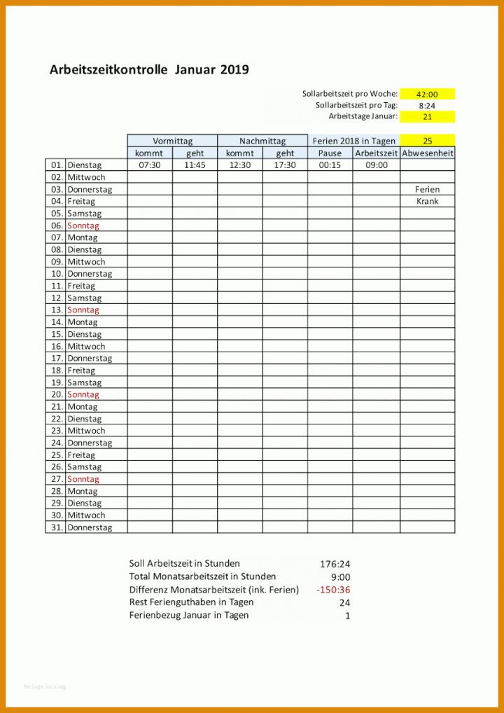 Unglaublich Arbeitszeiterfassung Excel Vorlage 2019 Kostenlos 868x1227