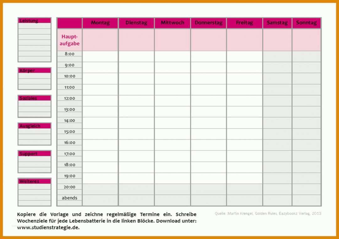 Spezialisiert Zeitmanagement Wochenplan Vorlage 1169x827