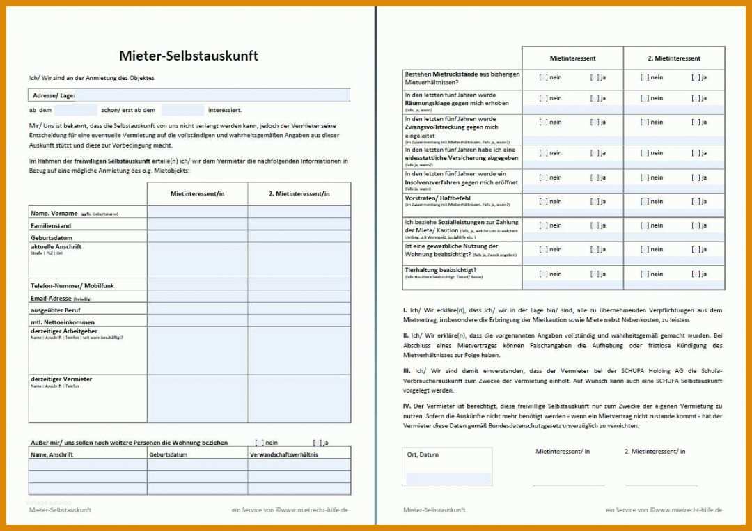 Beste Selbstauskunft Mieter Vorlage 1194x843