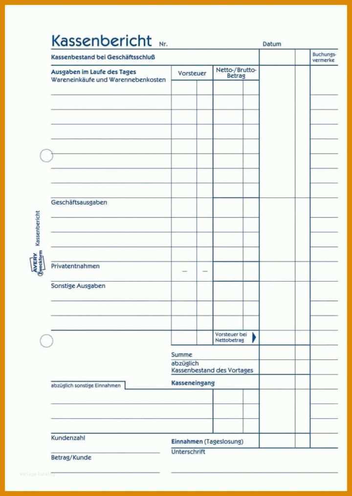 Unvergesslich Täglicher Kassenbericht Vorlage 725x1020