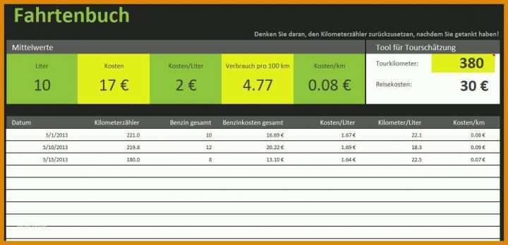 Fahrtenbuch Excel Vorlage Fahrtenbuch