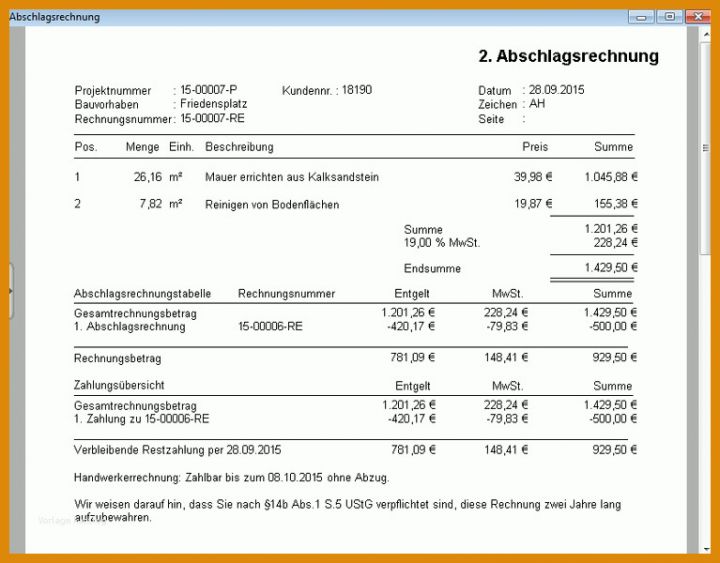 Atemberaubend Abschlagsrechnung Muster Vorlage 767x600