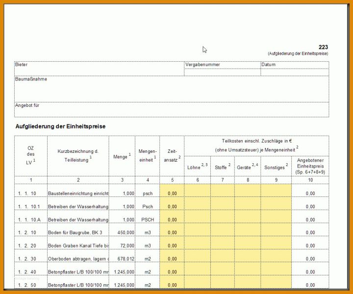 Rühren formblatt 223 Excel Vorlage Kostenlos 1020x850