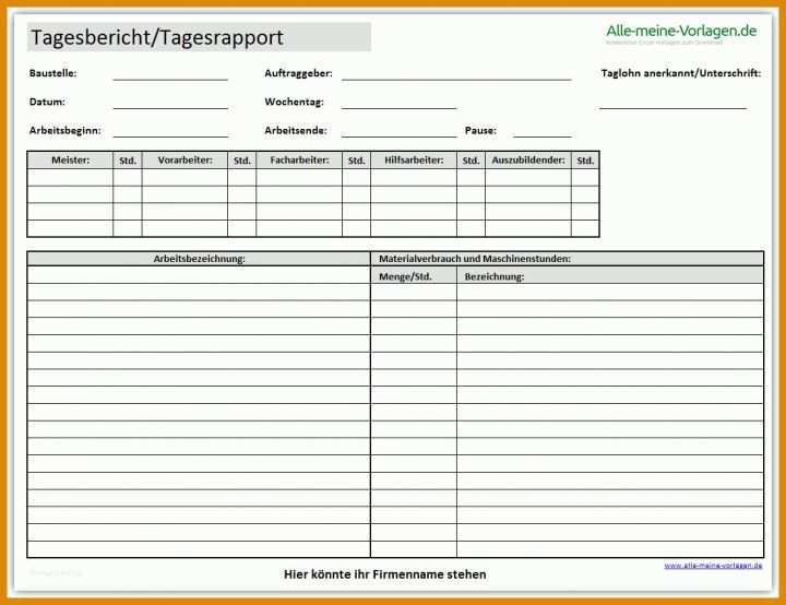 Montagebericht Vorlage Kostenlos Tagesbericht