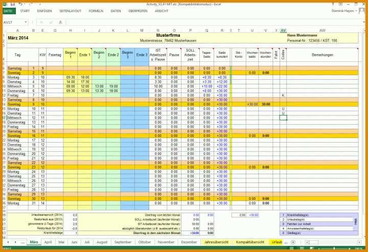 Sensationell Excel Arbeitszeiterfassung Vorlage 1391x953