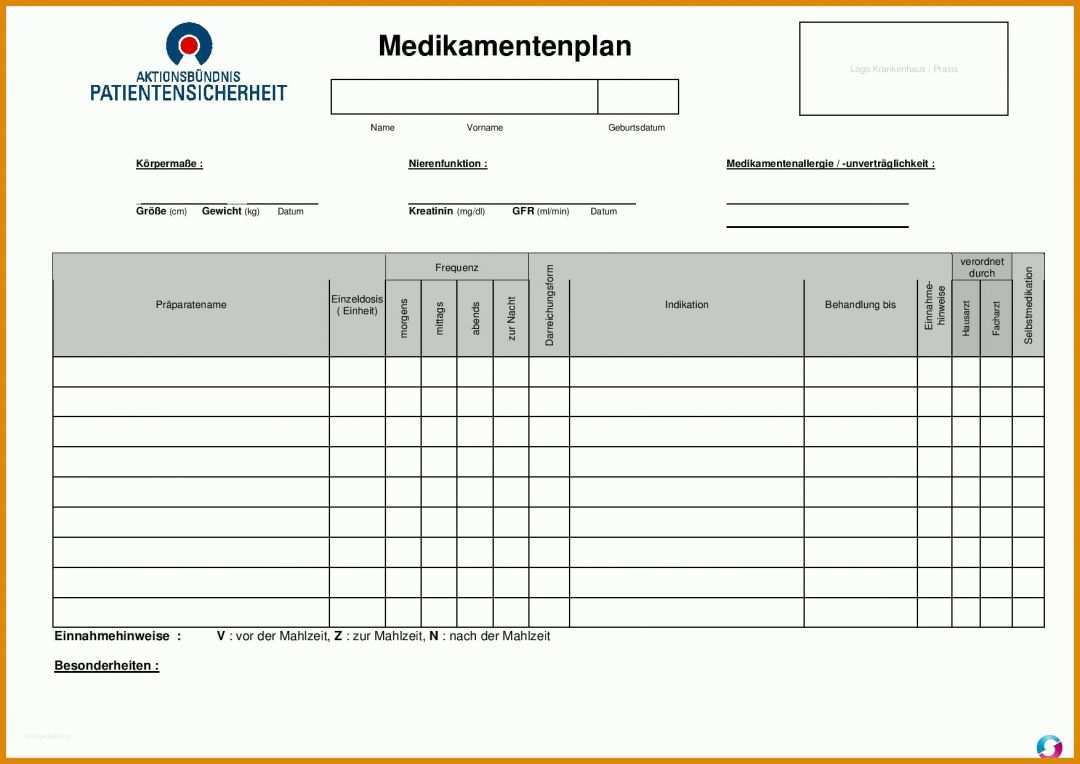 Ausnahmsweise Medikationsplan Vorlage 1754x1240