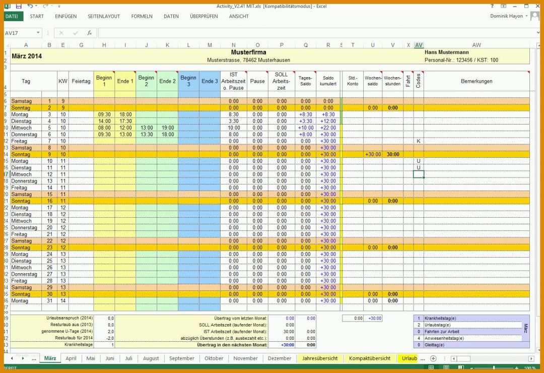 Einzigartig Excel Arbeitszeit Berechnen Vorlage 1391x953