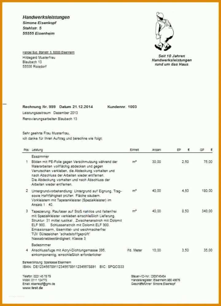 Am Beliebtesten Handwerkerrechnung Vorlage Excel 1031x1425