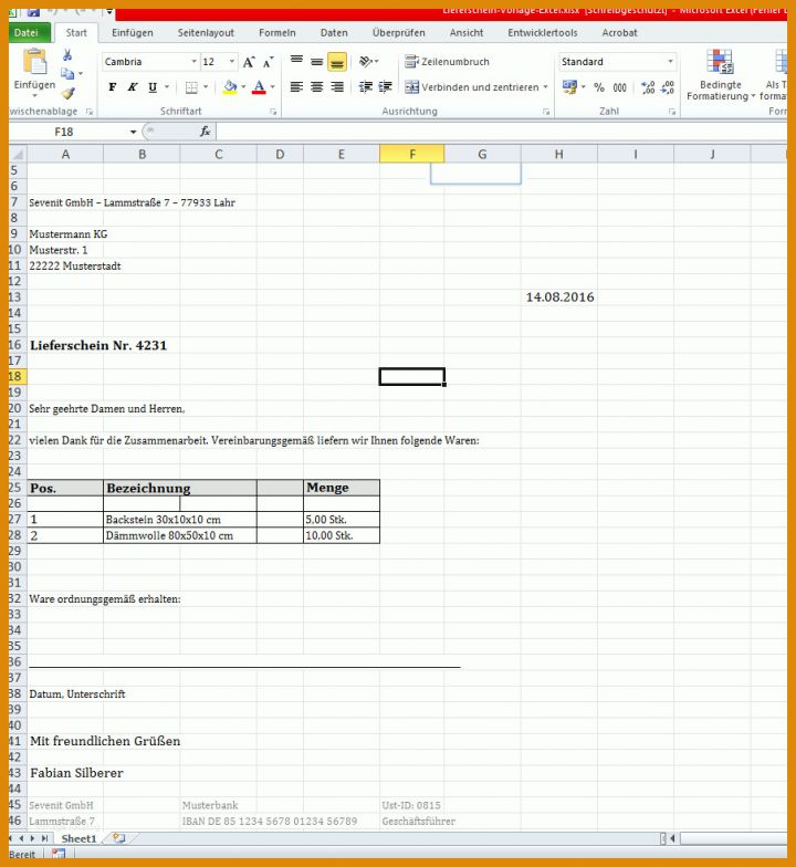 Allerbeste Lieferschein Vorlage Excel 904x984