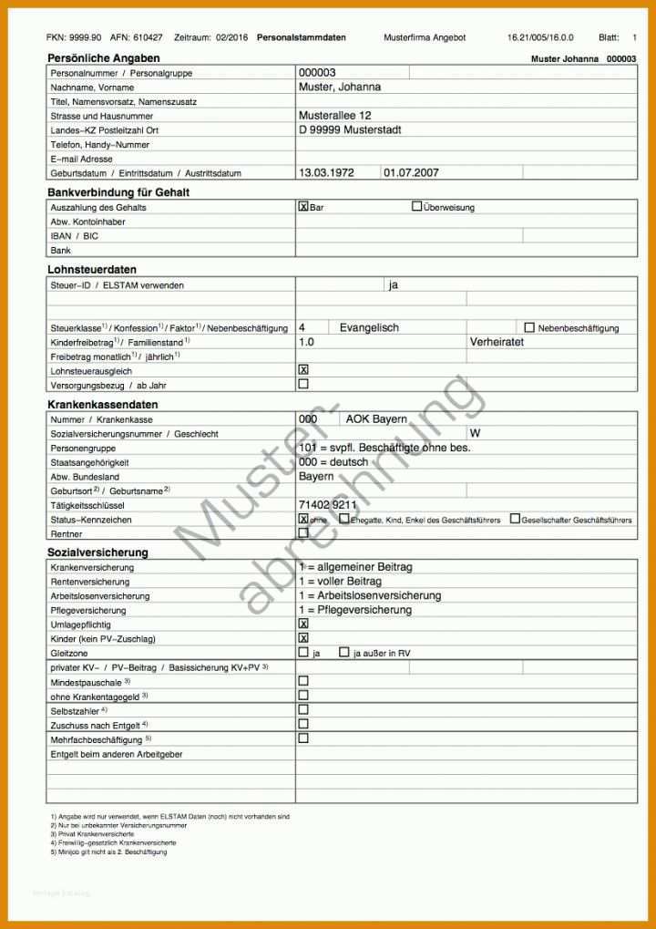 Personalstammblatt Vorlage Musterauswertungen