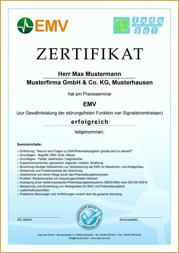 Vorlage Zertifikat Schulung Schulung Emv Potentialausgleich