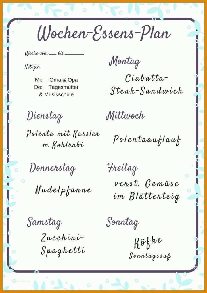 Wunderschönen Wochenplan Essen Vorlage 794x1123