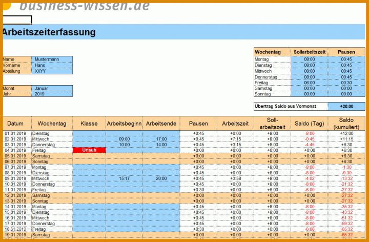 Außergewöhnlich Arbeitszeiterfassung Excel Vorlage 2019 Kostenlos 1246x816