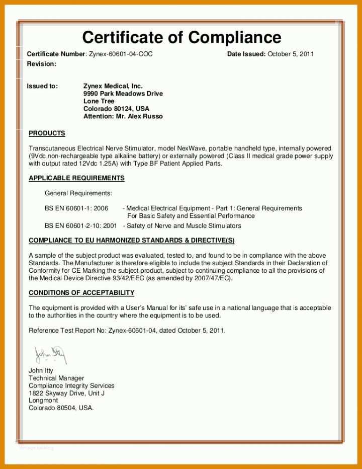 Hervorragen Certificate Of Compliance Vorlage 768x994